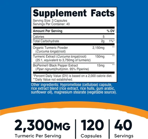 Miniatura 2 de Nutricost Turmeric (95% curcumioides) 0.017 onzas, 120 cápsulas con Bioperina, 1 botella, 1