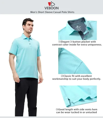 Miniatura 4 de VEBOON Men's Polo Shirts Long and Short Sleeve Cotton Blend Heather Moisture Wicking Casual Collared Shirts