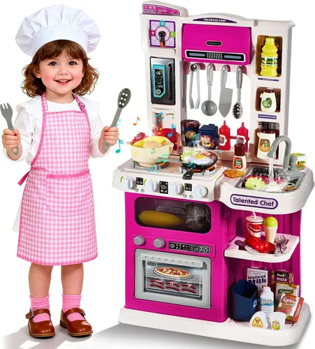 Miniatura 8 de Juego de cocina para niños, 68 piezas, juego de cocina para niños pequeños de 1-3, 3-5, cocina de juego de 32.2 pulgadas con pulverización, luz