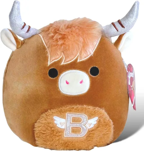 Squishmallows Wilfred Longhorn - Peluche marrón vaca de 8 pulgadas con monograma con plateado brillante B en el vientre y fosas nasales rosadas,