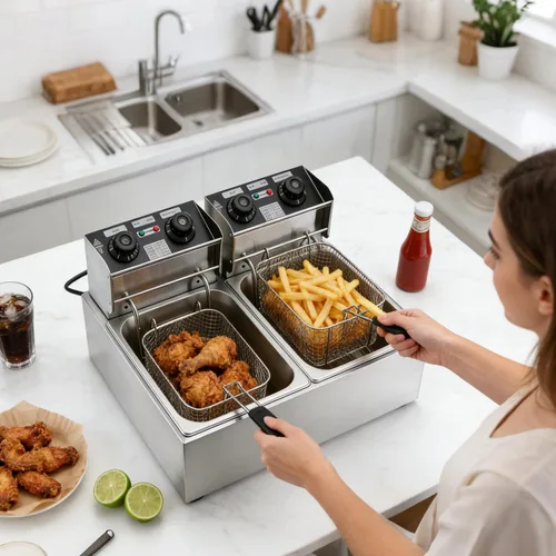 Miniatura 9 de Freidora eléctrica de 12 litros con canasta, freidora de aceite de encimera de 2500 W con temporizador y temperatura ajustable, olla de acero