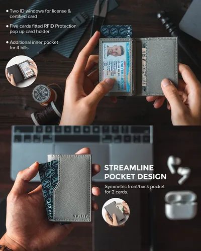 Miniatura 3 de VULKIT Tarjetero con ventana de identificación, tarjetas emergentes, delgada, de cuero, con protección RFID, hasta 12 tarjetas, funda para tarjetas