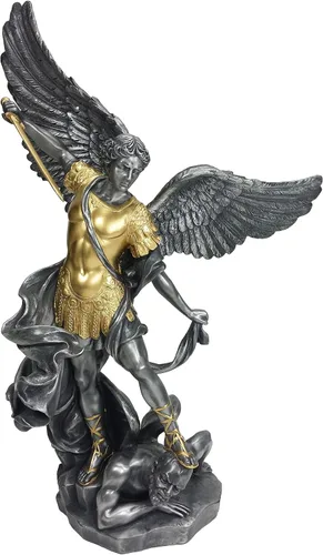 Miniatura 2 de 14 1/2 pulgadas de peltre y oro Arcángel San Miguel pisotea la escultura de la estatua del demonio