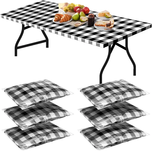 Boao 6 manteles de plástico para mesa de pícnic, 72 x 30 pulgadas, para mesas de 6 pies, desechables, impermeables, a cuadros, en blanco y negro,