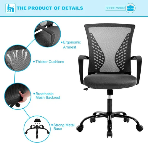 Miniatura 3 de TTY Store Silla de oficina de malla para el hogar, silla de escritorio ergonómica con soporte lumbar, reposabrazos ejecutivo, ajustable, giratoria