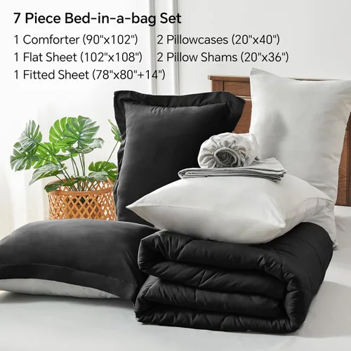 Miniatura 5 de BEDELITE Juego de edredón tamaño King de 7 piezas en una bolsa, juego de cama reversible de microfibra suave negro con edredones, sábanas, fundas