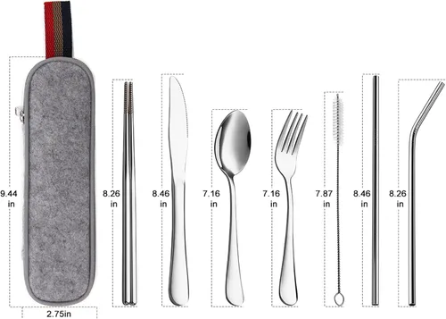 Miniatura 2 de DEVICO Utensilios portátiles, juego de cubiertos de viaje y campamento, 8 piezas, incluyendo cuchillo, tenedor, cuchara, palillos, cepillo