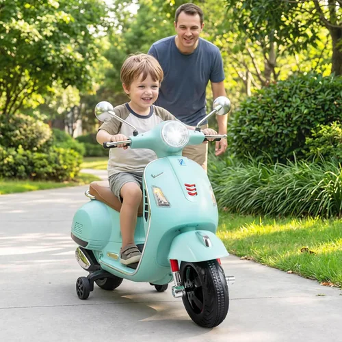 Miniatura 2 de OLAKIDS - Scooter Vespa con licencia para niños, motocicleta eléctrica de 12 V con ruedas de entrenamiento, luces LED, cuerno de modo historia Verde