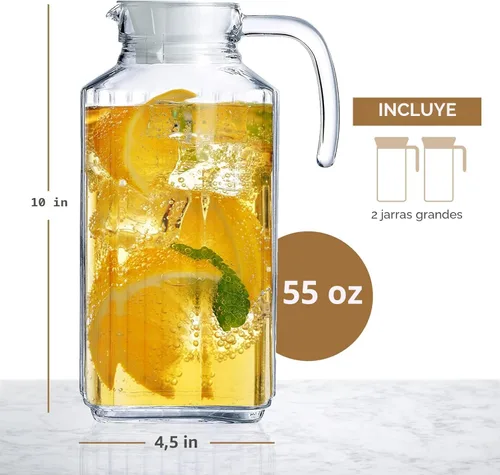 Miniatura 2 de Jarra de vidrio con tapa, juego de 2 jarras de agua de vidrio de 55 onzas, jarra fría para té helado, agua, limonada, café, elegante y moderno