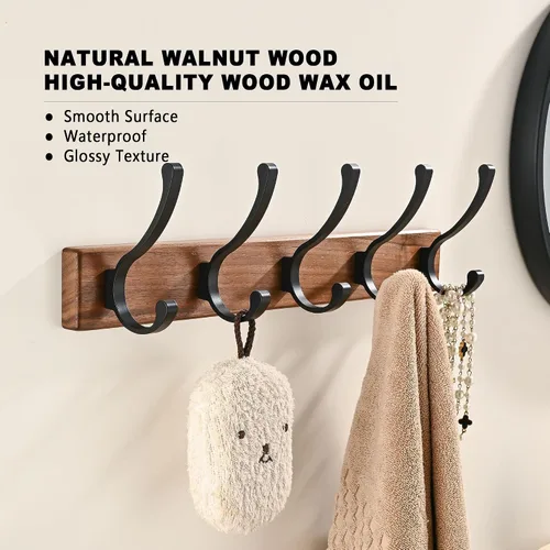 Miniatura 2 de Paquete de 2 Percheros Pequeños de Madera de 17.3" Montados en la Pared con 5 Ganchos, Ganchos de Pared de Entrada Colgador de Abrigos para Colgar