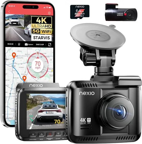 NEXIO N5Pro 4K Dual Dash Cam frontal y trasera, transferencia rápida WiFi 6, tarjeta gratuita de 64 GB, GPS, alertas de seguridad ADAS, visión