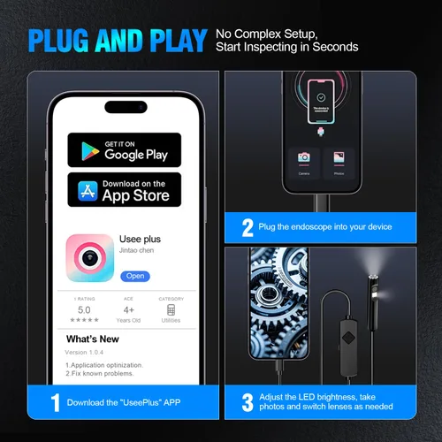 Miniatura 6 de Cámara endoscopio con luz, boroscopio HD 1920P con 8 LED ajustables, cable de serpiente semirrígido, cámara de inspección impermeable IP67 para iOS