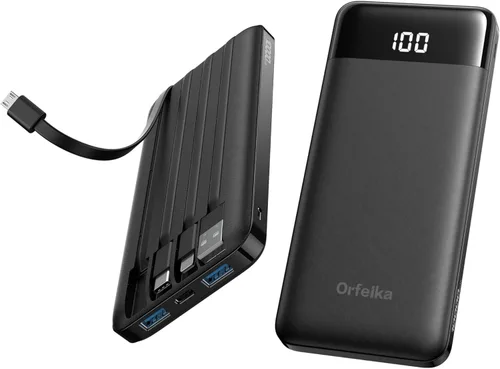 Orfeika Cargador de teléfono portátil, Banco de energía portátil de 10000mAh con cables incorporados, paquete de batería esencial para viajes