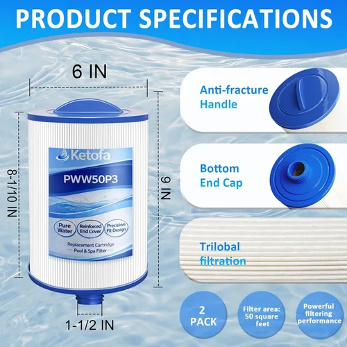 Miniatura 2 de PWW50P3 - Filtro para bañera de hidromasaje Pleatco Spa, PWW50P3 (rosca gruesa de 1 1/2 pulgadas) Filtro de spa compatible con Unicel 6CH-940 Filbur