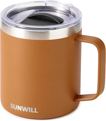 Miniatura 11 de SUNWILL - Taza de café de viaje con tapa, taza aislada con asa, taza de acero inoxidable de 14 oz para acampar, oficina, hogar, recubrimiento