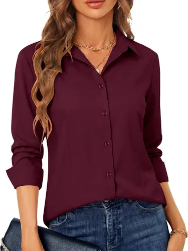 Miniatura 22 de BBIBBI Camisa de vestir elástica de manga larga con botones para mujer, blusa de trabajo casual de negocios (clásica, recortada y alta)