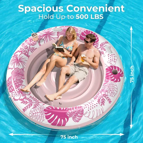 Miniatura 3 de Inflatable Tanning Pool Lounger Float with Protection Tarp, 75" x 75" Pool Floats Adult with Pillow, 6 in 1 Suntan Tub Raft Floatie, Sunbathing Rosa