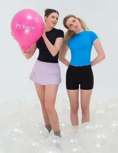 Miniatura 6 de PUMIEY Camiseta básica de manga corta con cuello redondo para mujer, con doble forro, ajustada, colección Smoke Cloud Pro