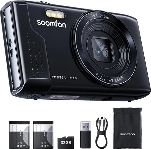 SOOMFON Cámara digital – Máx. 72MP y 4K apunta y disparar cámaras para niños con zoom de 16X, tarjeta TF de 32 G, 2 baterías y lector de tarjetas,