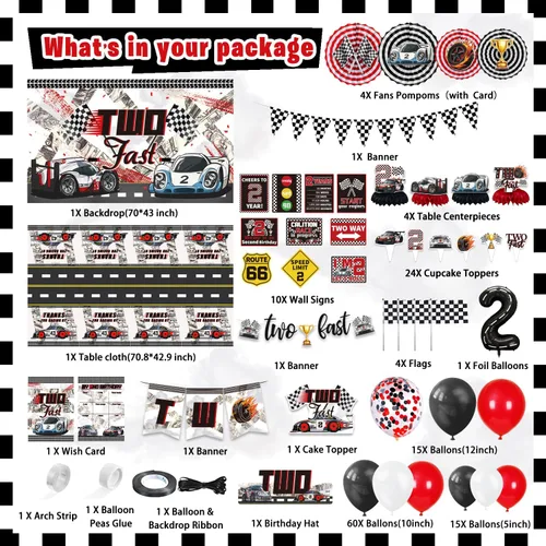 Miniatura 2 de KOTLMIGHT Decoraciones de Cumpleaños Two Fast para Niños, Suministros de Decoración de Fiesta Temática de Autos de Carrera para 2do Cumpleaños
