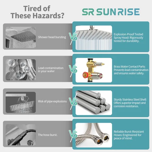 Miniatura 3 de SR SUN RISE Grifo para ducha - Sistema de ducha de lluvia de 16 pulgadas - Cuerpo de grifo de ducha de metal completo - Níquel cepillado