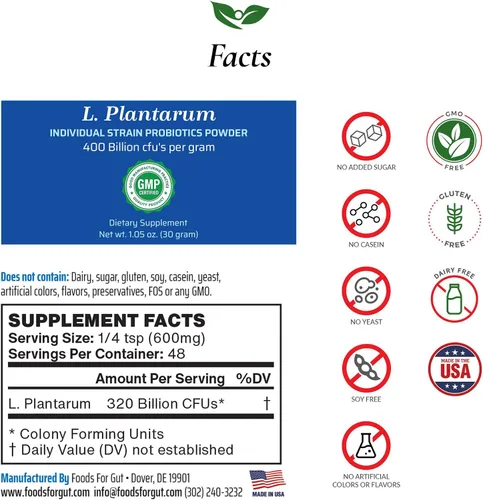 Miniatura 2 de Foods For Gut Lactobacillus Plantarum Probiotic Powder 400 mil millones de ufc Fabricado en Estados Unidos Sin aditivos Directo