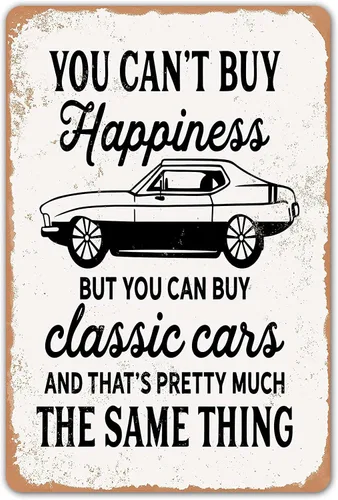 HomDeo No Puedes Comprar la Felicidad Pero Puedes Comprar un Letrero de Metal Clásico de Coches de Garajes para Bar Cueva de Hombre Decoración de