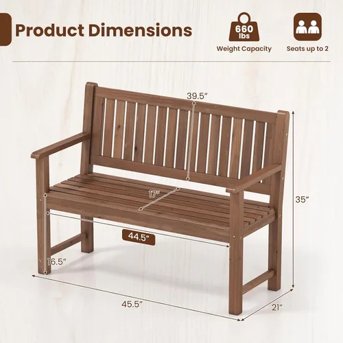 Miniatura 3 de Tangkula Banco de madera para exteriores de 2 plazas, banco de sofá biplaza de jardín con respaldo, reposabrazos, asiento de listones, carga