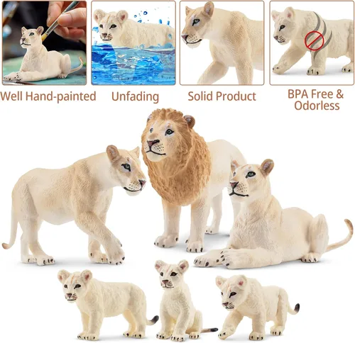 Miniatura 5 de Toymany 6 piezas de figuras de leones blancos con cachorros de león, figuras de animales de la selva de 2-5 pulgadas, conjunto familiar realista que