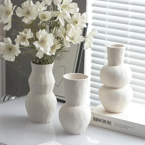 Miniatura 3 de Jarrones de cerámica para flores, juego de 3 jarrones acanalados blanco mate, jarrones decorativos para hierba de las pampas, decoración moderna