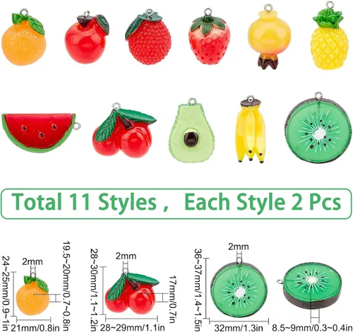 Miniatura 2 de SUNNYCLUE 1 caja de 22 piezas de 11 estilos de resina de Acción de Gracias, dijes de frutas de sandía, fresa, plátano, imitación de alimentos