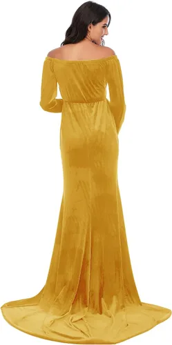 Miniatura 4 de ZIUMUDY Vestido de maternidad de terciopelo con hombros descubiertos, vestido de fotografía de manga larga para sesión de fotos, vestido de baby