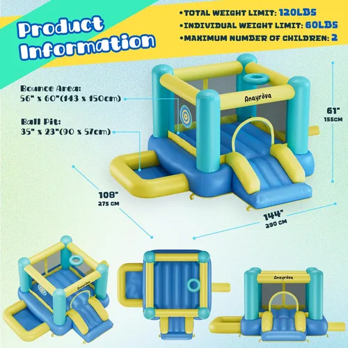 Miniatura 3 de Casa Inflable de Rebote para Niños de 3 a 6 Años, Castillo Hinchable para Interiores y Exteriores con Fosa de Pelotas, Aro de Baloncesto, Juego