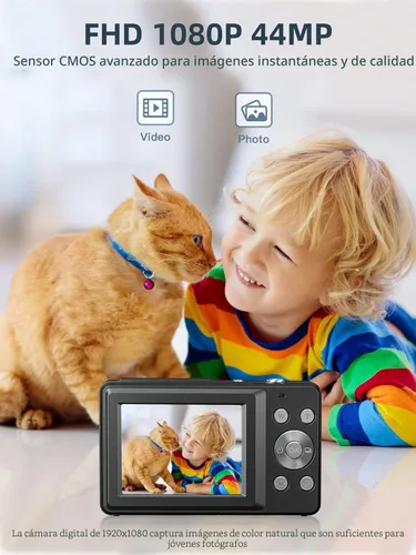 Miniatura 2 de Cámara digital, FHD 1080P Cámara digital de apuntar y disparar con zoom de 16X antivibración, tarjeta de 32 GB, cámara pequeña compacta para niños