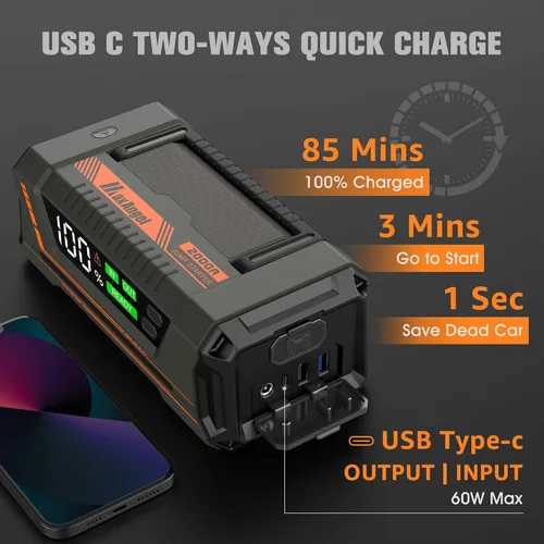 Miniatura 4 de Arrancador de batería de coche 2000A 20000mAh – MaxAngel 12V portátil Jump Starter Box (hasta todo el gas o 12L Diesel), paquete de refuerzo