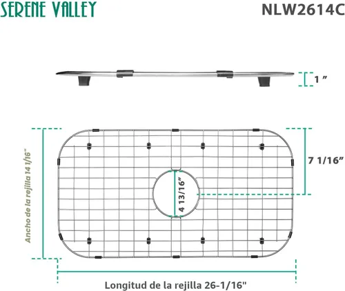 Miniatura 3 de Serene Valley Rejilla protectora para fregadero 26-1/16" x 14-1/16", drenaje centrado con radio de esquina 3-1/2", material de acero inoxidable 304