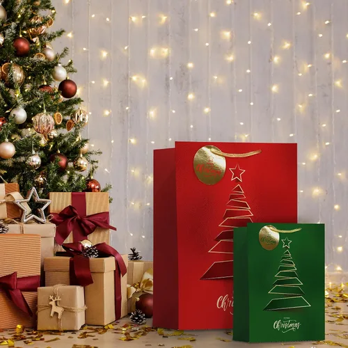 Miniatura 7 de easykart labels 12 bolsas de regalo de Navidad, rojo y verde metálico y acabado de textura con árbol de Navidad dorado y brillante, varios tamaños
