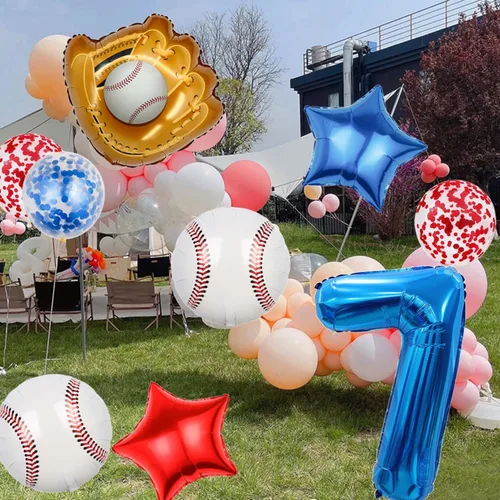 Miniatura 6 de Globos de béisbol de papel de aluminio para decoración de cumpleaños, globos con el número 7, globos de confeti de estrella roja y azul para Béisbol