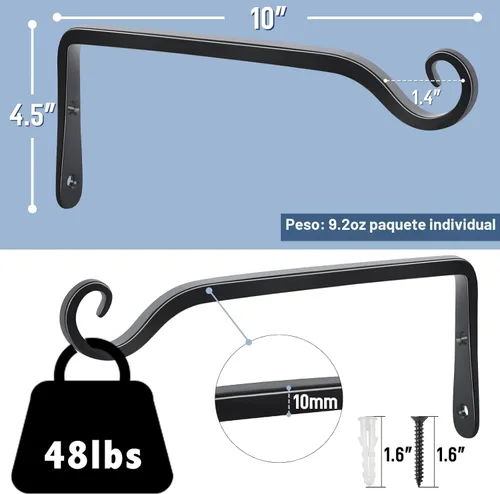 Miniatura 2 de FEED GARDEN Ganchos de pared para plantas colgantes de 10 pulgadas, paquete de 2 soportes de metal resistentes para plantas, con capacidad para 48