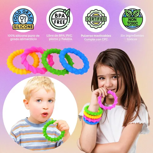 Miniatura 3 de Juguetes sensoriales para ansiedad para niños pequeños, paquete de 4 pulseras sensoriales de silicona para masticar Calmantes para autismo