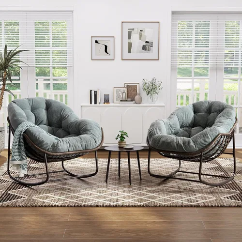 Miniatura 20 de Mecedora de gran tamaño para interiores, cómoda silla mecedora de pana con cojín grueso y marco, silla mecedora grande de mimbre para sala de estar