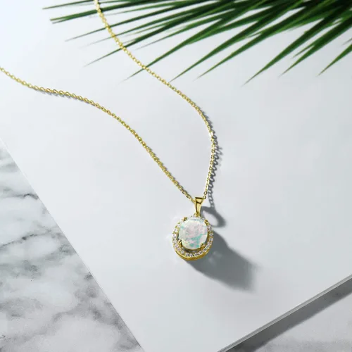 Miniatura 67 de Gem Stone King Collar con colgante de plata chapada en oro amarillo de 18 quilates de 0.433 x 0.354 in con piedra natal ovalada para mujer
