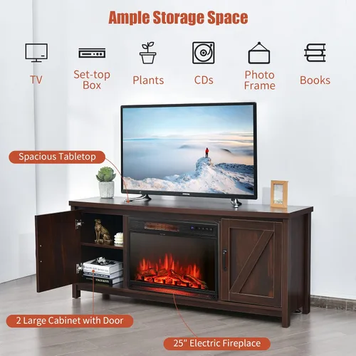 Miniatura 9 de Tangkula Soporte de TV con chimenea para televisores de hasta 65 pulgadas, mesa consola multimedia con puertas de granero, calentador eléctrico