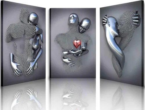 Arte de pared enmarcado para dormitorio, efecto metálico 3D, corazón, pareja, decoración de pared para sala de estar, 3 piezas, impresiones