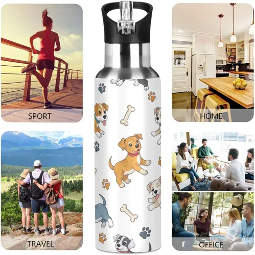 Miniatura 5 de Paw Prints Dog Bones White Stainless Steel Vacuum Insulated Water Bottle 20 Oz Leakproof Water Bottles, BPA-Free Sports Water Bottle with Straw