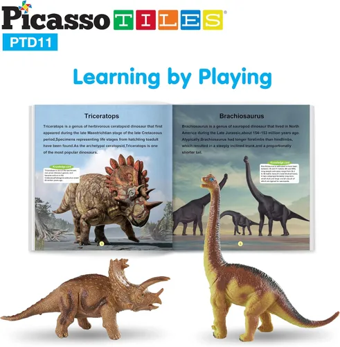 Miniatura 3 de PicassoTiles Juguetes de dinosaurio con tapete de juego de 32 piezas, juego de dinosaurios, kit de aprendizaje de actividades STEAM con libro Juego