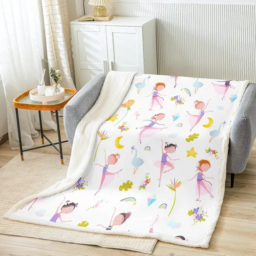 Miniatura 2 de Manta de forro polar con estampado de bailarina rosa para niñas, felpa suave y mullida para cama, sofá, bonita sherpa floral de hoja de palma Multi