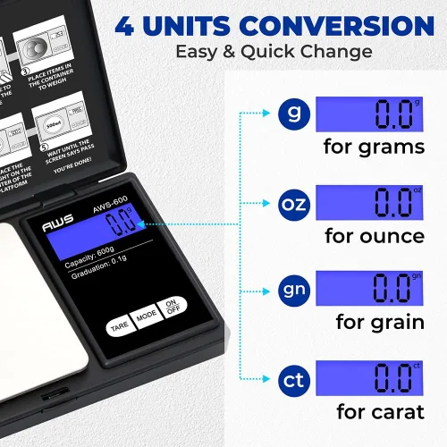 Miniatura 8 de American Weigh Scales Balanza de bolsillo digital 600 g x 0,1 g con pantalla LCD Gramo, onza, quilate, grano para monedas, joyas, piedras preciosas