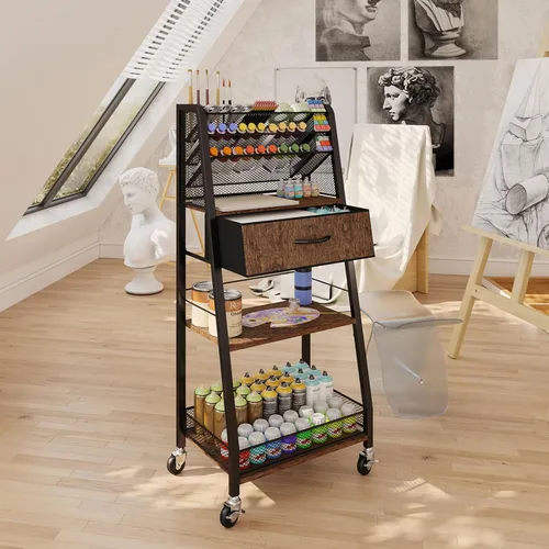 Miniatura 7 de Homsorout - Carro rodante de 3 niveles - Carro utilitario de metal con cajón de almacenamiento y ruedas, organizador versátil para arte y Marrón