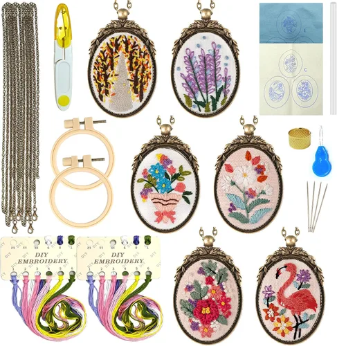 Miniatura 14 de ZOCONE 4 Paquetes de Kits de Collar de Bordado, Kit de Colgante de Bordado Mini Kit de Punto de Cruz con 4 Aros, Collar, Colgante, Tela